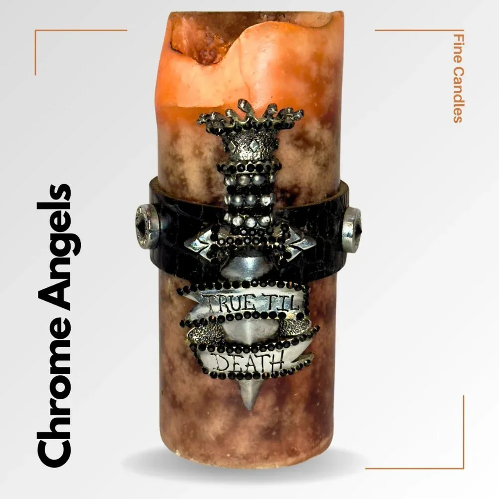 CHROME ANGELS Brown Candle with Leather and Swarovski Crystals on Chrome - Picture 1 of 16